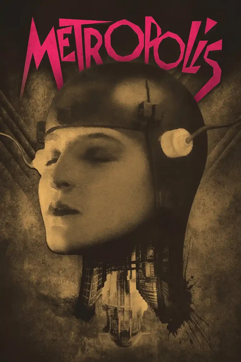 Metropolis Movie poster featuring a sepia-toned profile of Robot Maria with a futuristic helmet, dissolving into a dystopian cityscape.