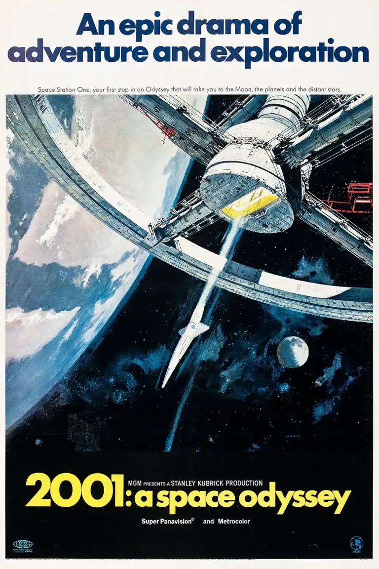 2001: A Space Odyssey Movie poster featuring the iconic, rotating Space Station V and a shuttle against the backdrop of Earth and the Moon.