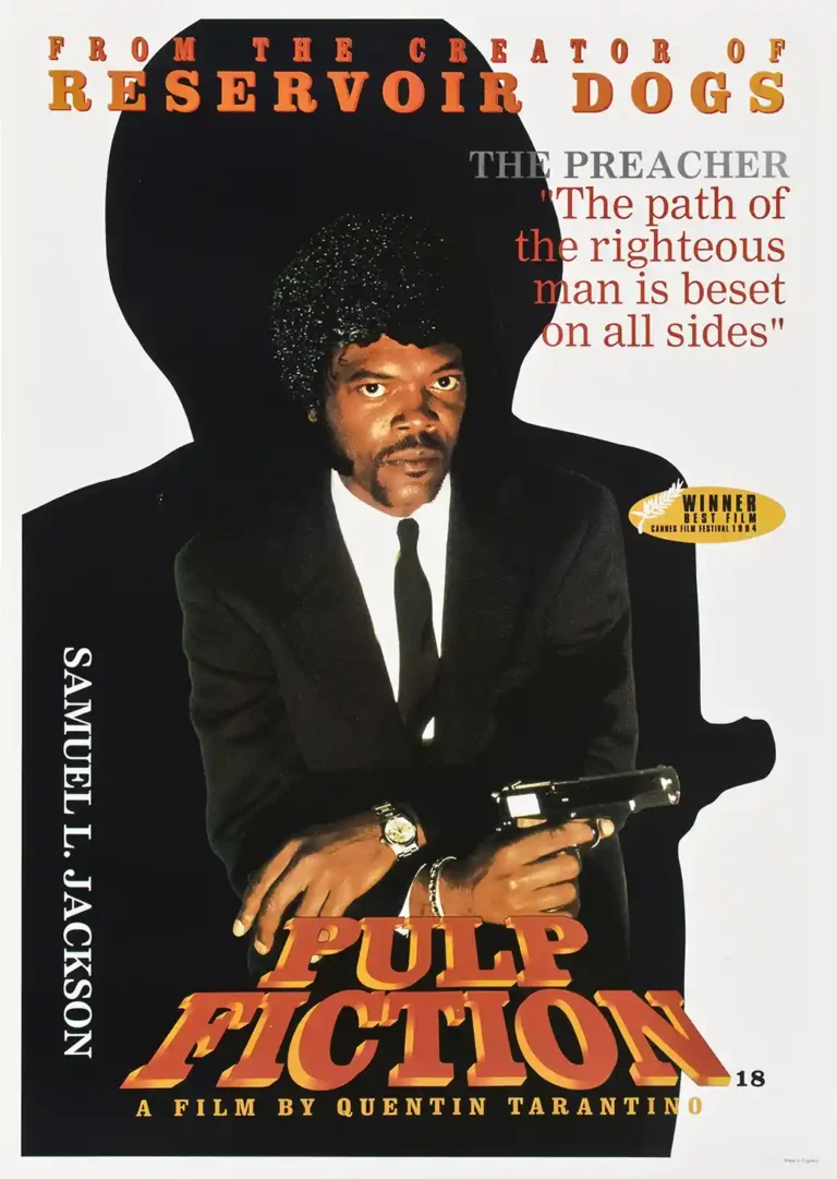 Pulp Fiction movie poster featuring Samuel L. Jackson as Jules Winnfield, holding a gun, with 'The Preacher' quote text.