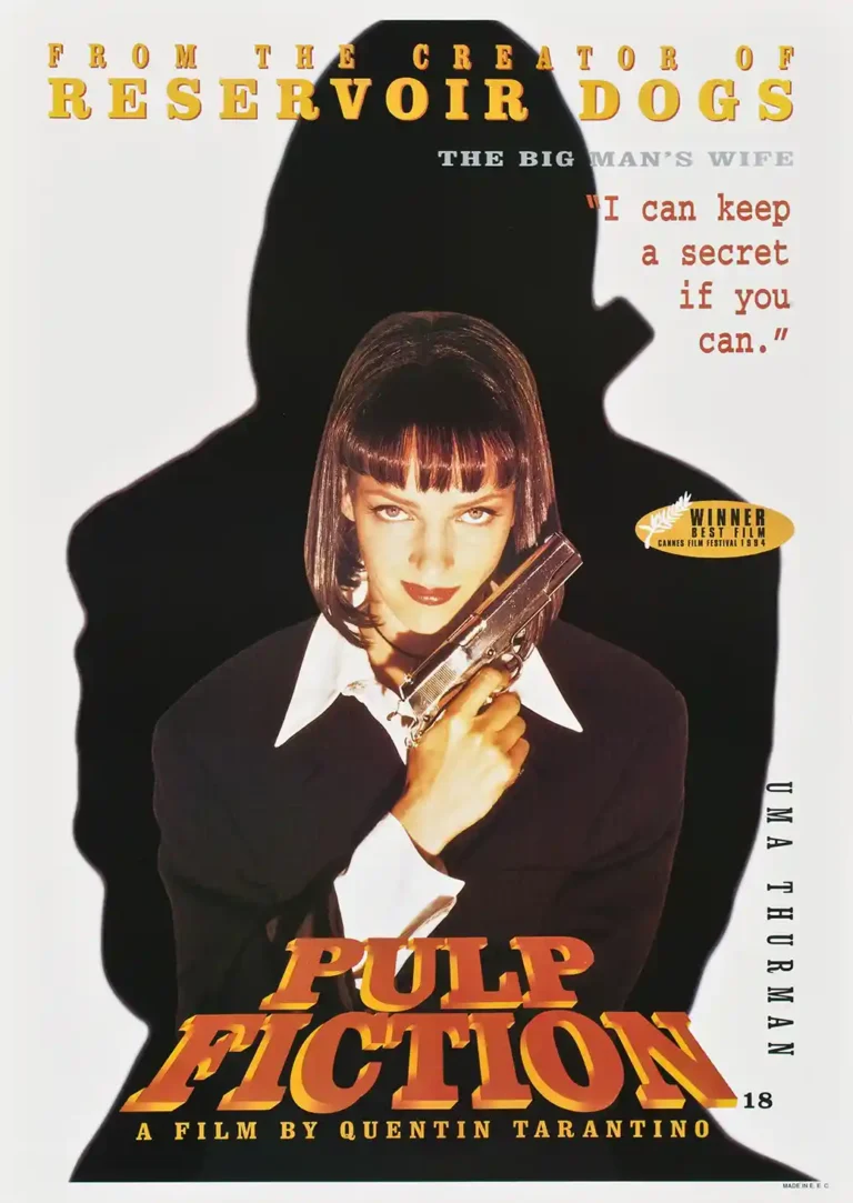 Pulp Fiction Movie poster featuring Uma Thurman as Mia Wallace holding a pistol against a dramatic black silhouette background, with vintage typography.