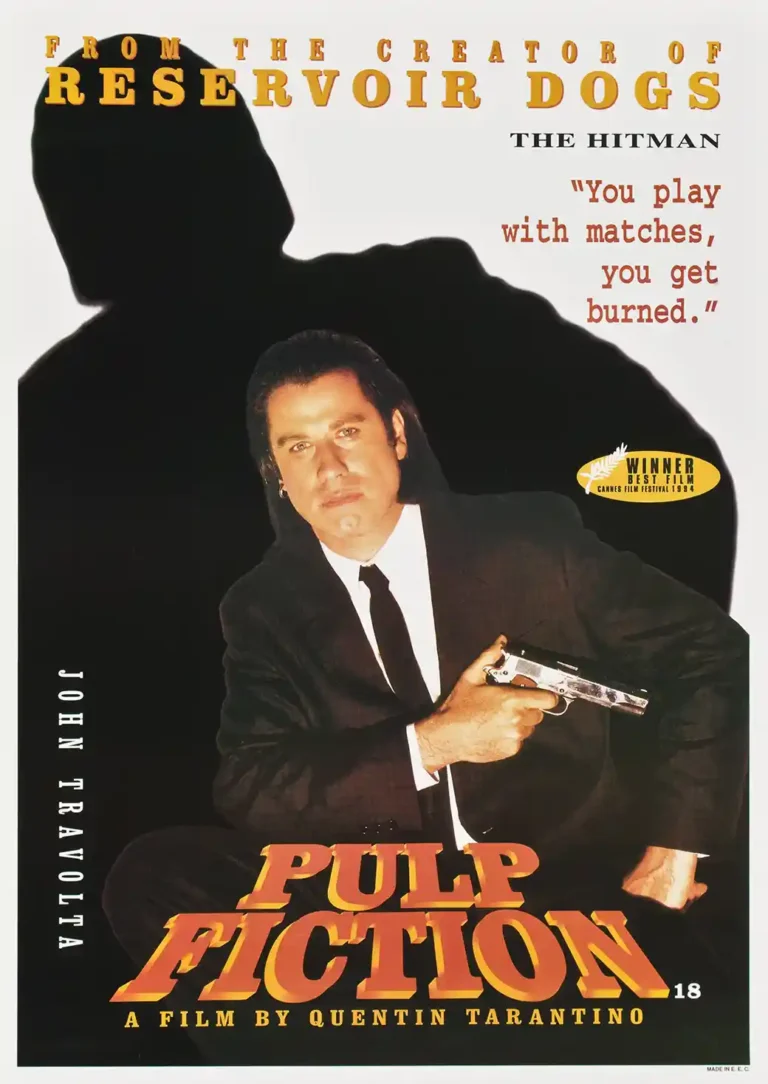 Pulp Fiction Movie poster featuring John Travolta as Vincent Vega in a black suit, holding a gun, set against a dark, dramatic background with a large shadow.