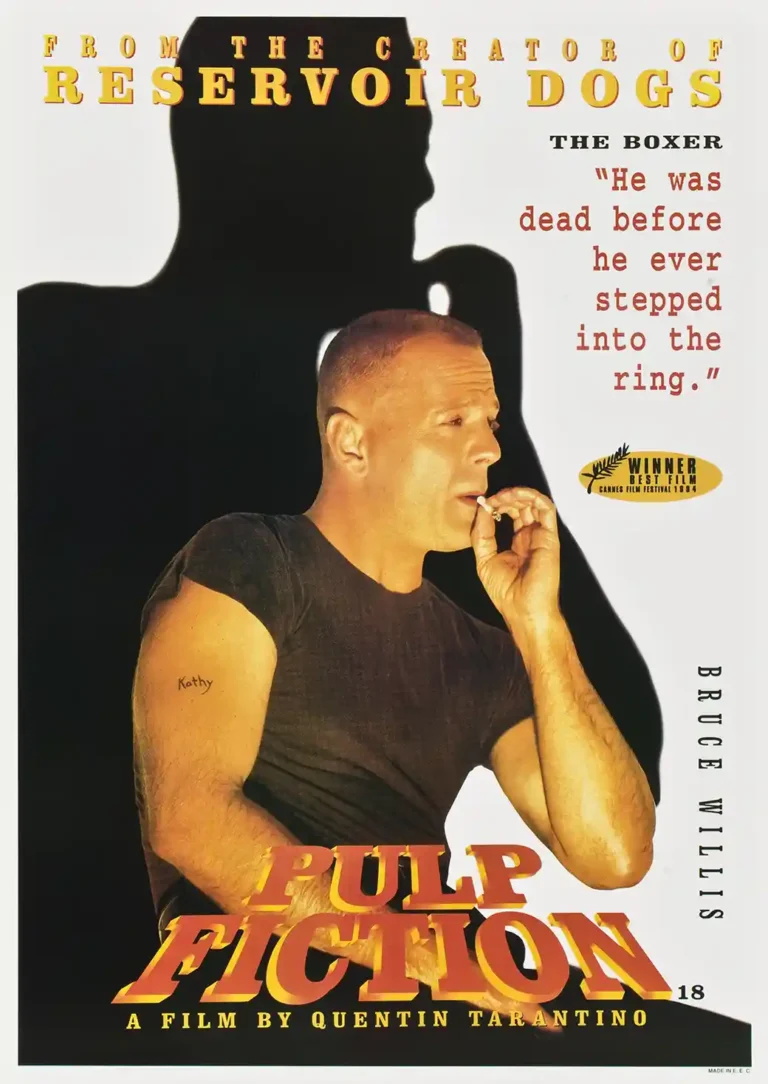 Pulp Fiction Movie poster featuring Bruce Willis as Butch Coolidge (The Boxer) smoking, with dramatic black shadow and original title text.