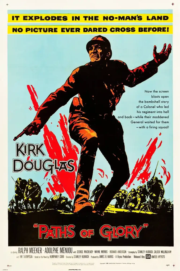 Paths of Glory Movie poster featuring a dramatic silhouette of Kirk Douglas charging over the battlefield with red accents and bold typography.