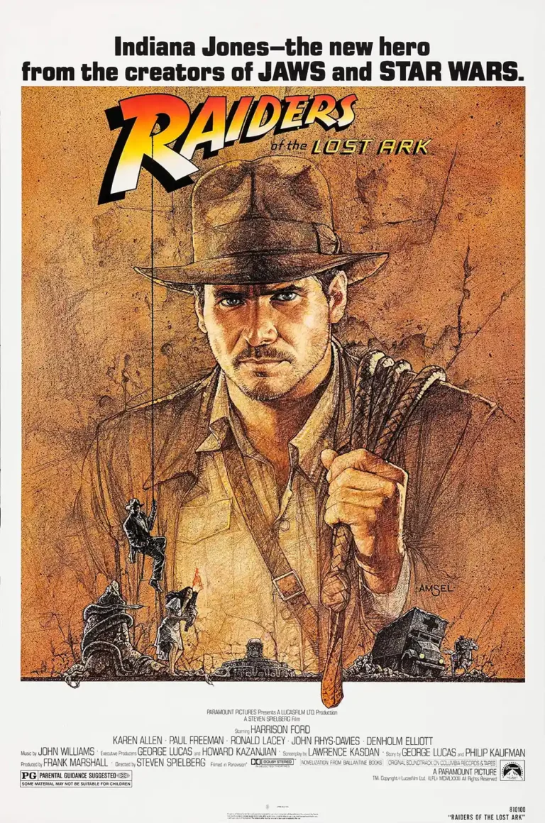 Raiders of the Lost Ark Movie poster featuring a detailed illustration of Indiana Jones (Harrison Ford) holding his whip and wearing his fedora.