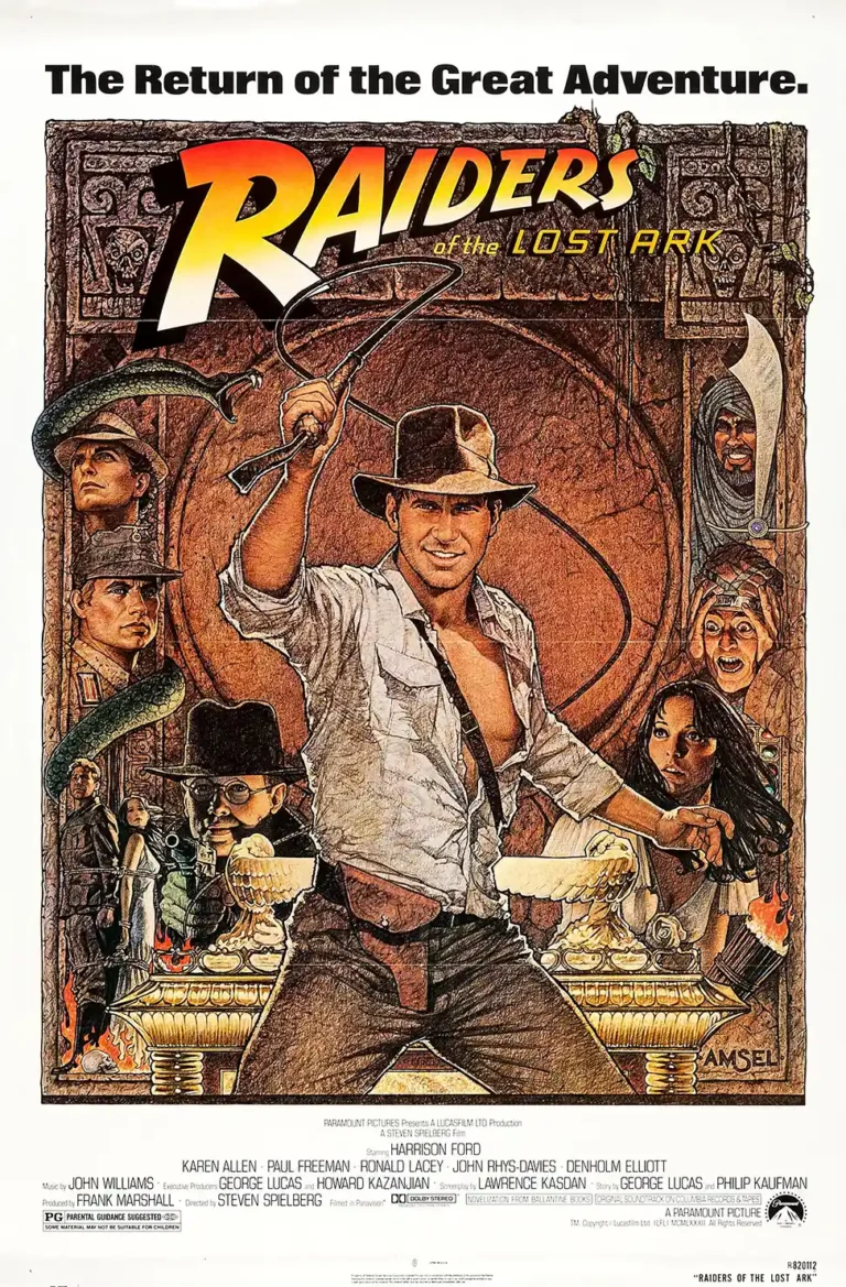 Raiders of the Lost Ark Adventure Movie poster featuring Harrison Ford as Indiana Jones with his whip, surrounded by snakes and supporting characters.