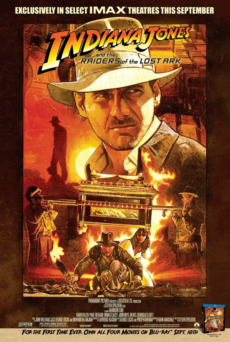 Indiana Jones and the Raiders of the Lost Ark Movie poster featuring Harrison Ford, the Ark of the Covenant, and fiery action scenes in a detailed illustration.