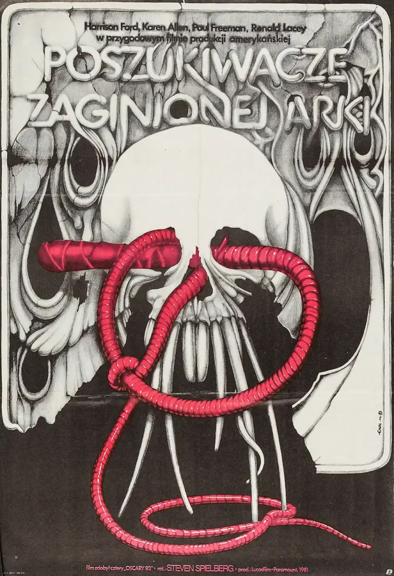 Raiders of the Lost Ark Movie poster, Polish design featuring a large white skull with red serpent elements threaded through the eye sockets, set against a dark background.