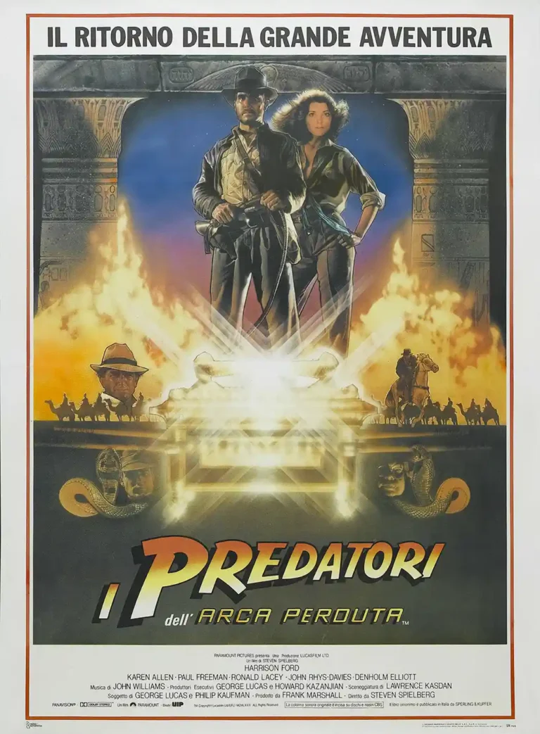 Raiders of the Lost Ark movie poster featuring Indiana Jones and Marion Ravenwood standing above the glowing Ark of the Covenant.