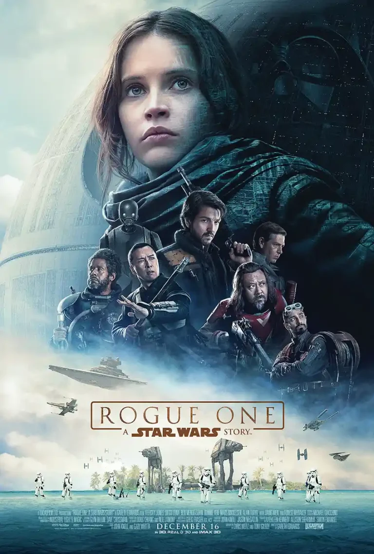 Rogue One: A Star Wars Story movie poster featuring Jyn Erso, the Death Star, and the Rebel team on the battle beach of Scarif.