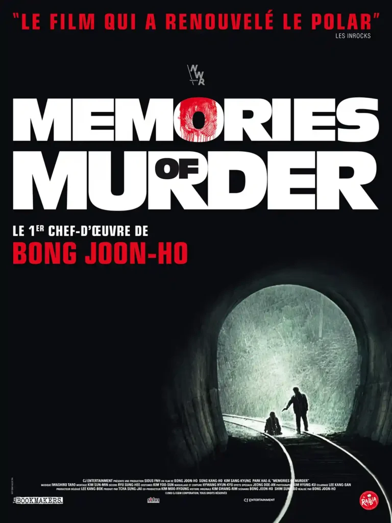 Memories of Murder Movie poster featuring the title in bold white font with a bloody fingerprint O, above a shadowy tunnel scene with two figures on the train tracks.