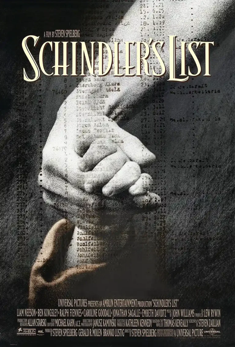 Schindler's List Movie poster featuring two hands overlaying the iconic list/ledger in a black and white design by Steven Spielberg.