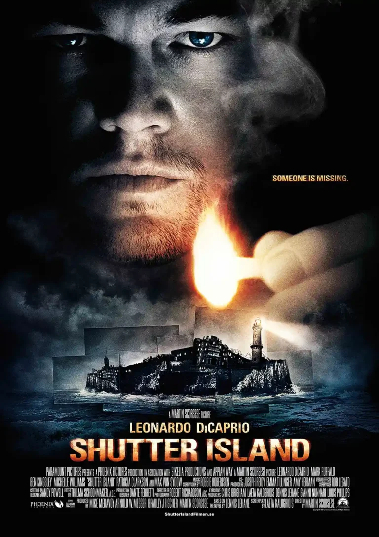 Shutter Island Movie poster featuring a dark close-up of Leonardo DiCaprio's intense face, lighting a match over the menacing Ashecliffe Hospital lighthouse.