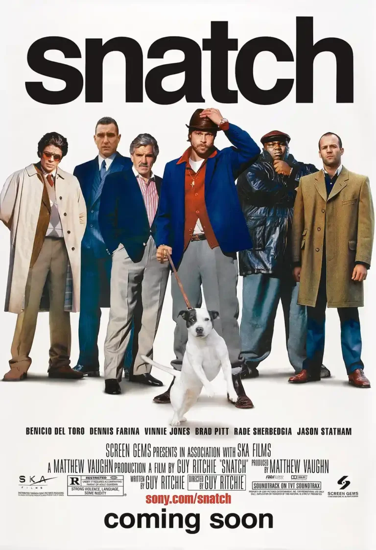 Snatch Movie poster featuring the full ensemble cast, including Brad Pitt and Jason Statham, standing with a white terrier dog on a leash.