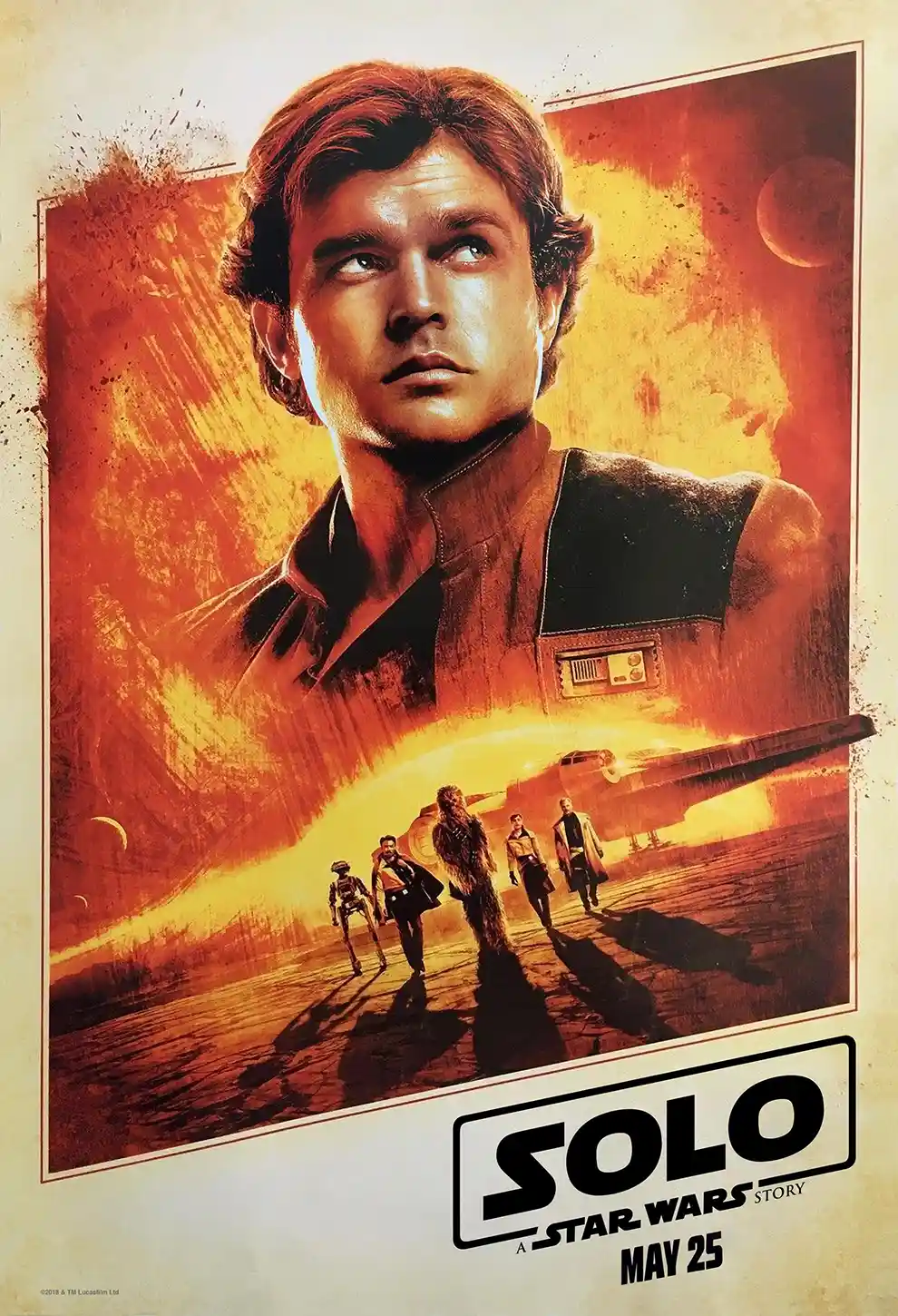 Star Wars movie poster Solo featuring young Han, Chewbacca and Millennium Falcon in vintage Western style – wall art