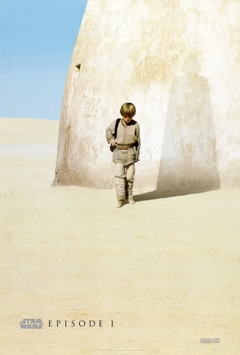 Star Wars Episode I: The Phantom Menace movie poster featuring young Anakin Skywalker on Tatooine with the ominous shadow of Darth Vader cast behind him.
