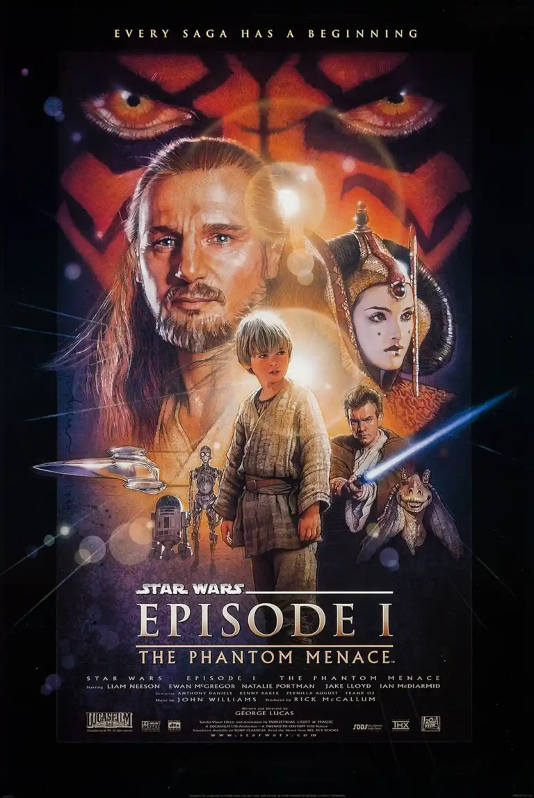 Star Wars: The Phantom Menace movie poster featuring Qui-Gon Jinn, young Anakin, Queen Amidala, Obi-Wan, and Darth Maul's ominous eyes.