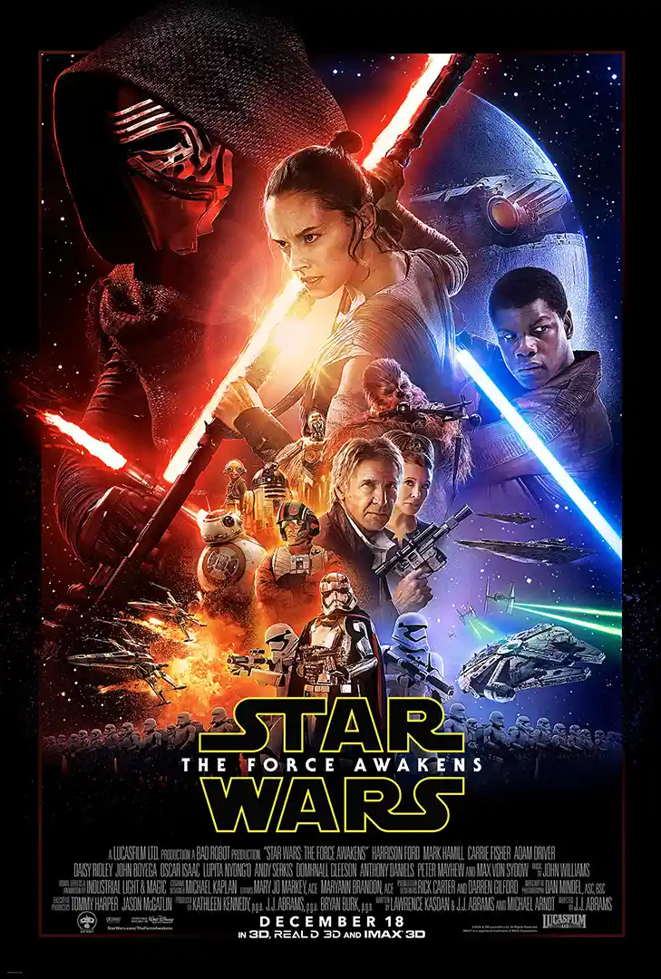 Force Awakens poster featuring Rey, Kylo Ren, and Millennium Falcon in red-blue split composition – home theater wall art