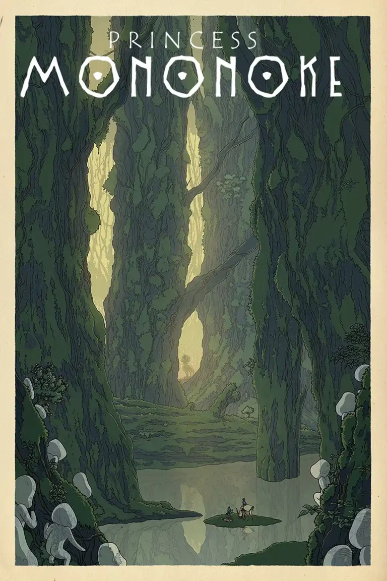 Princess Mononoke Studio Ghibli movie poster featuring a dark, towering mossy green forest reflected in a quiet lake.