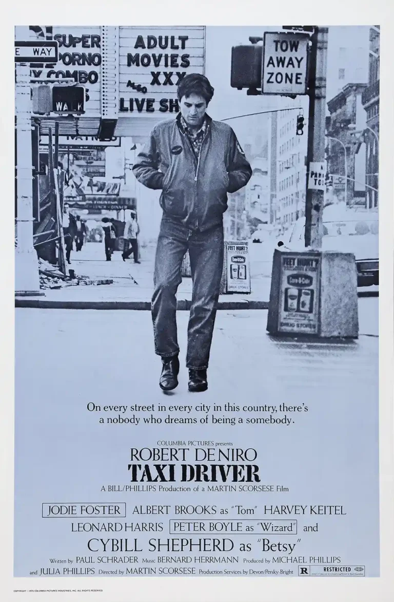Taxi Driver movie poster featuring Robert De Niro as Travis Bickle walking on a gritty, black and white New York City street with full film credits.