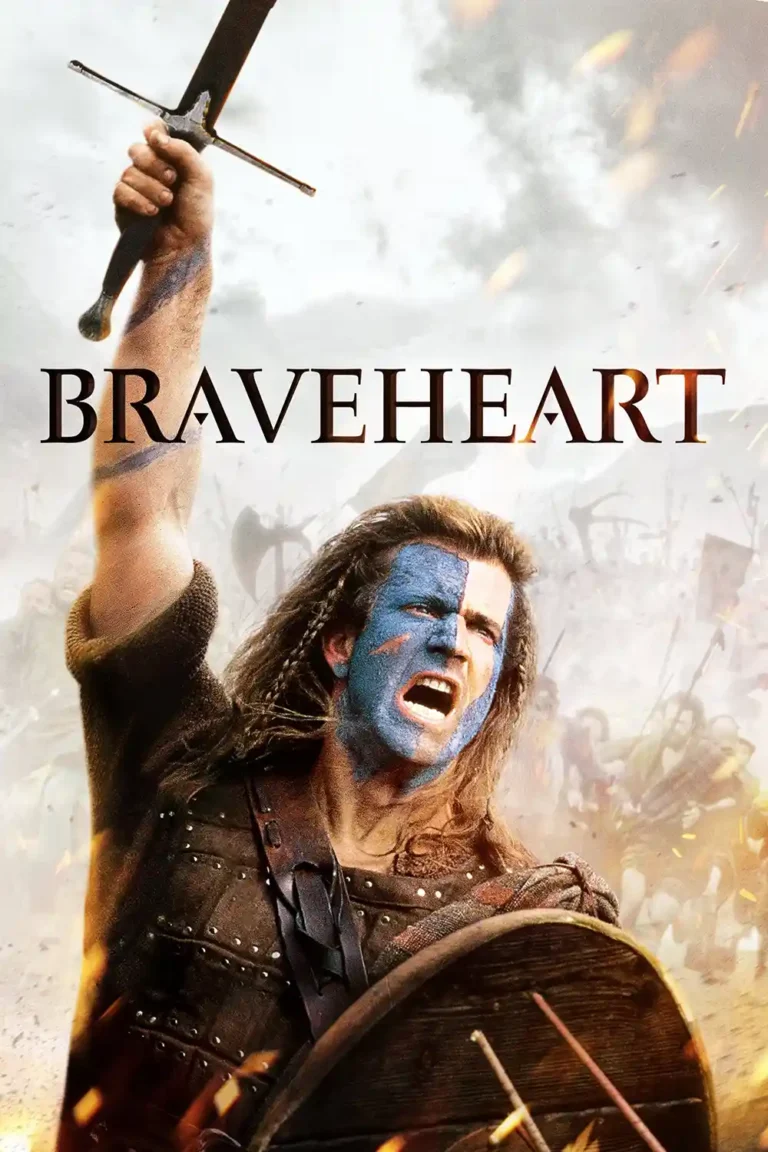 Braveheart movie poster featuring Mel Gibson as William Wallace, war cry on his face, raising a massive sword high for freedom.