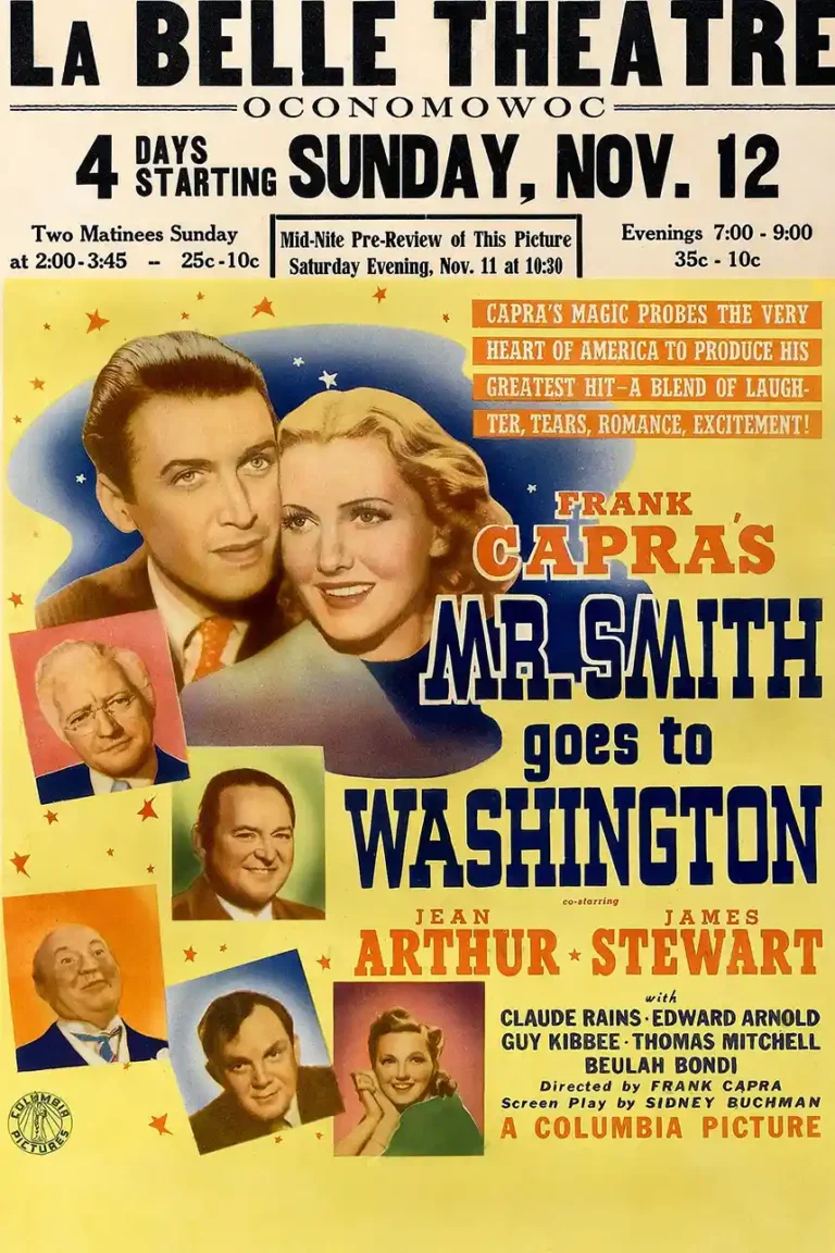 Mr. Smith Goes to Washington Movie poster featuring James Stewart and Jean Arthur in a classic vintage theater advertisement design from the 1930s.