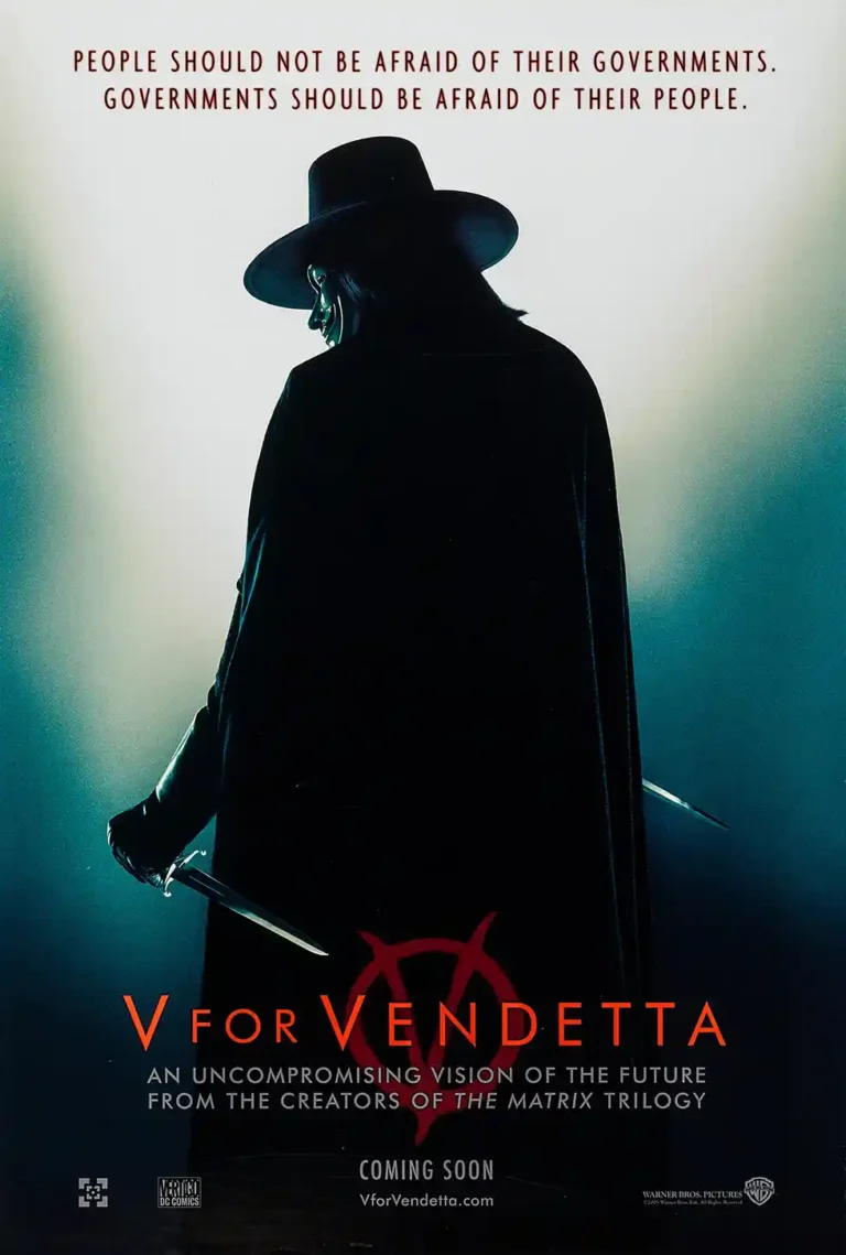 V for Vendetta Movie poster featuring the shadowed silhouette of V wearing the Guy Fawkes mask and holding twin daggers against a bright background.