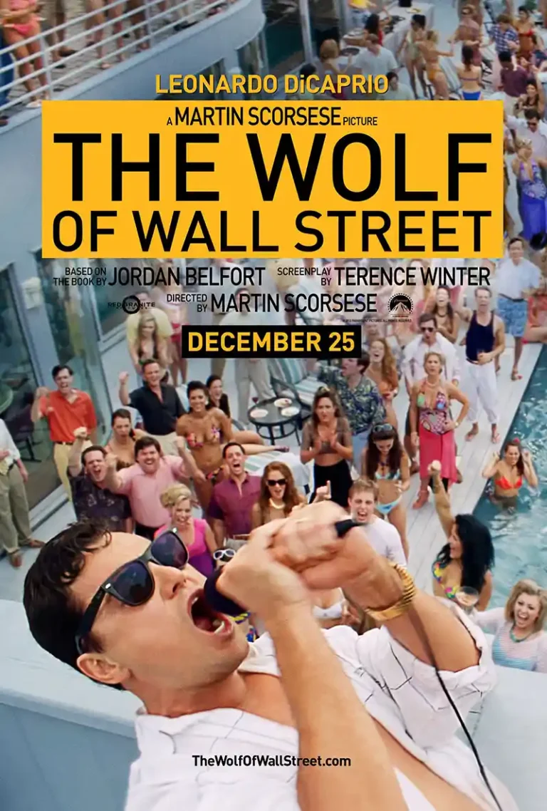 The Wolf of Wall Street movie poster featuring Leonardo DiCaprio as Jordan Belfort partying wildly on a yacht.