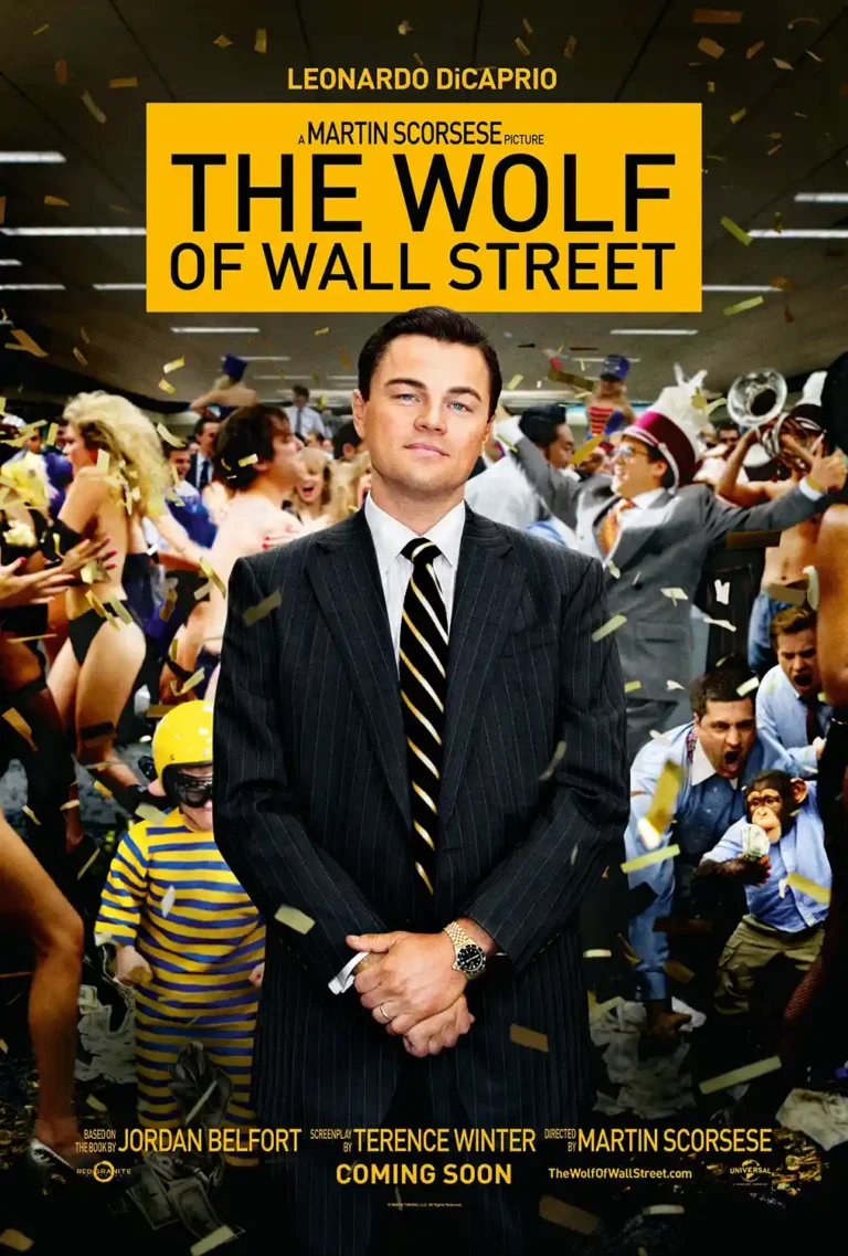 The Wolf of Wall Street movie poster featuring Leonardo DiCaprio (Jordan Belfort) in a pinstripe suit centered amidst a chaotic, confetti-filled office party scene.