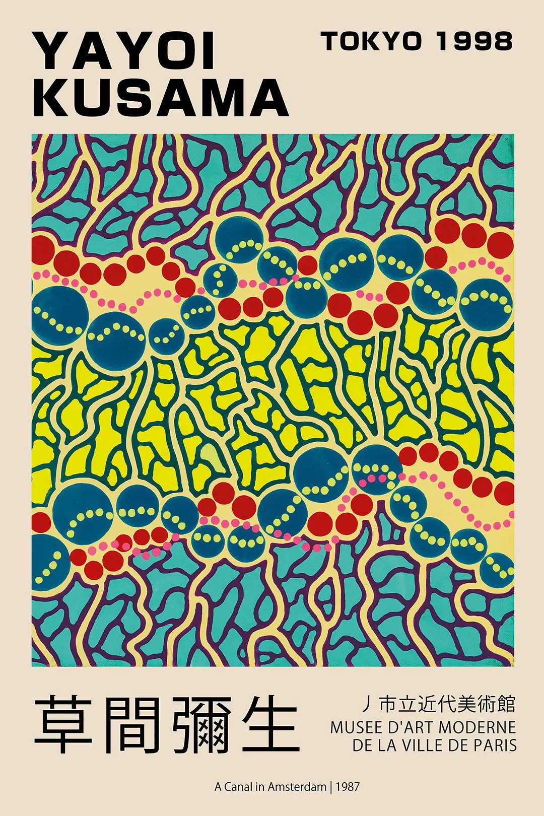 Yayoi Kusama poster with teal and yellow organic patterns and red polka dots for A Canal in Amsterdam 1987.