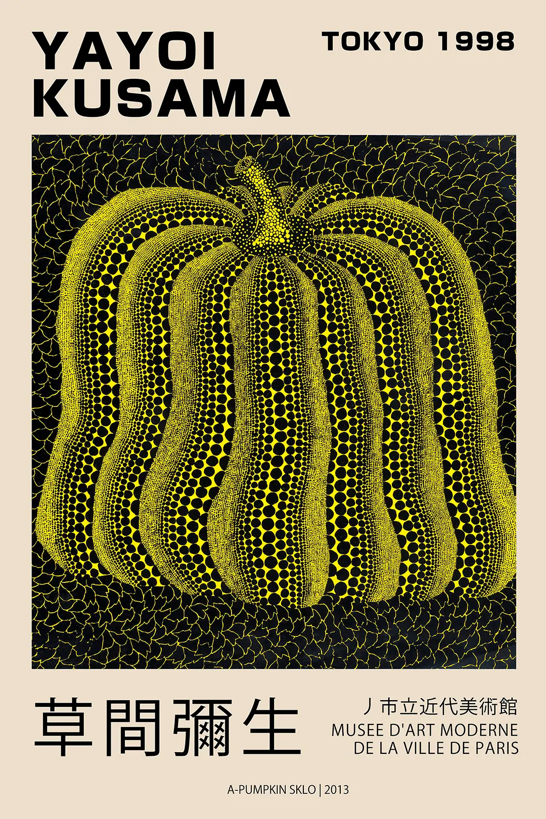 Yayoi Kusama pumpkin poster with yellow polka dots and Tokyo 1998 exhibition text on a black patterned background.