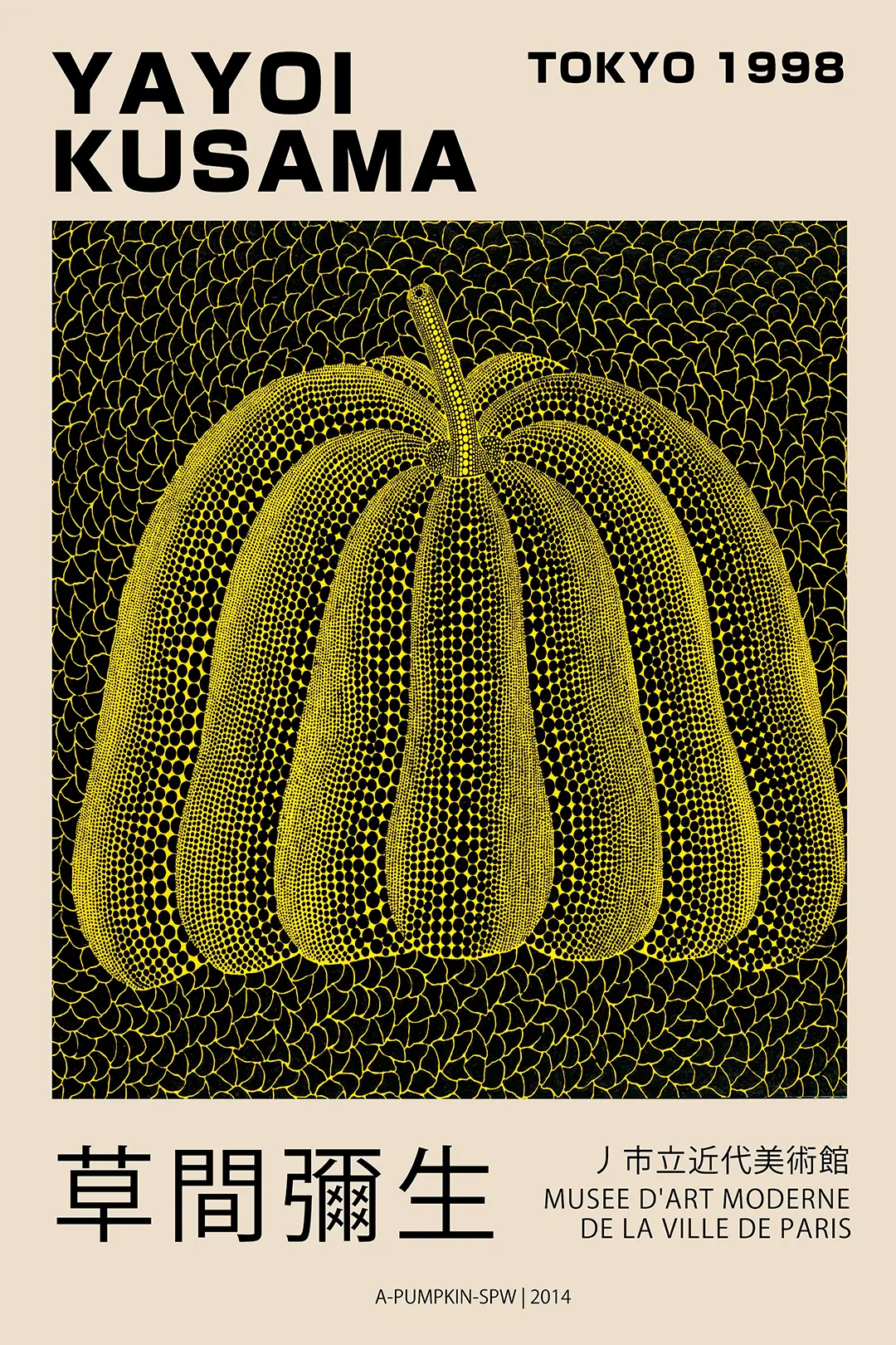 Yayoi Kusama pumpkin print featuring yellow and black polka dots on a black net background for a 1998 Tokyo exhibition.