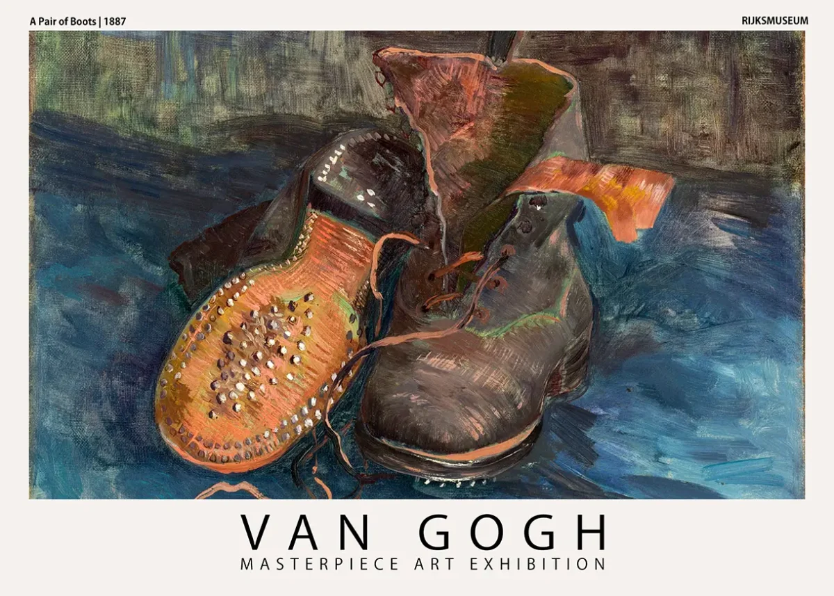 Van Gogh boots poster showing worn leather shoes with hobnail soles on a blue textured background for wall decor.