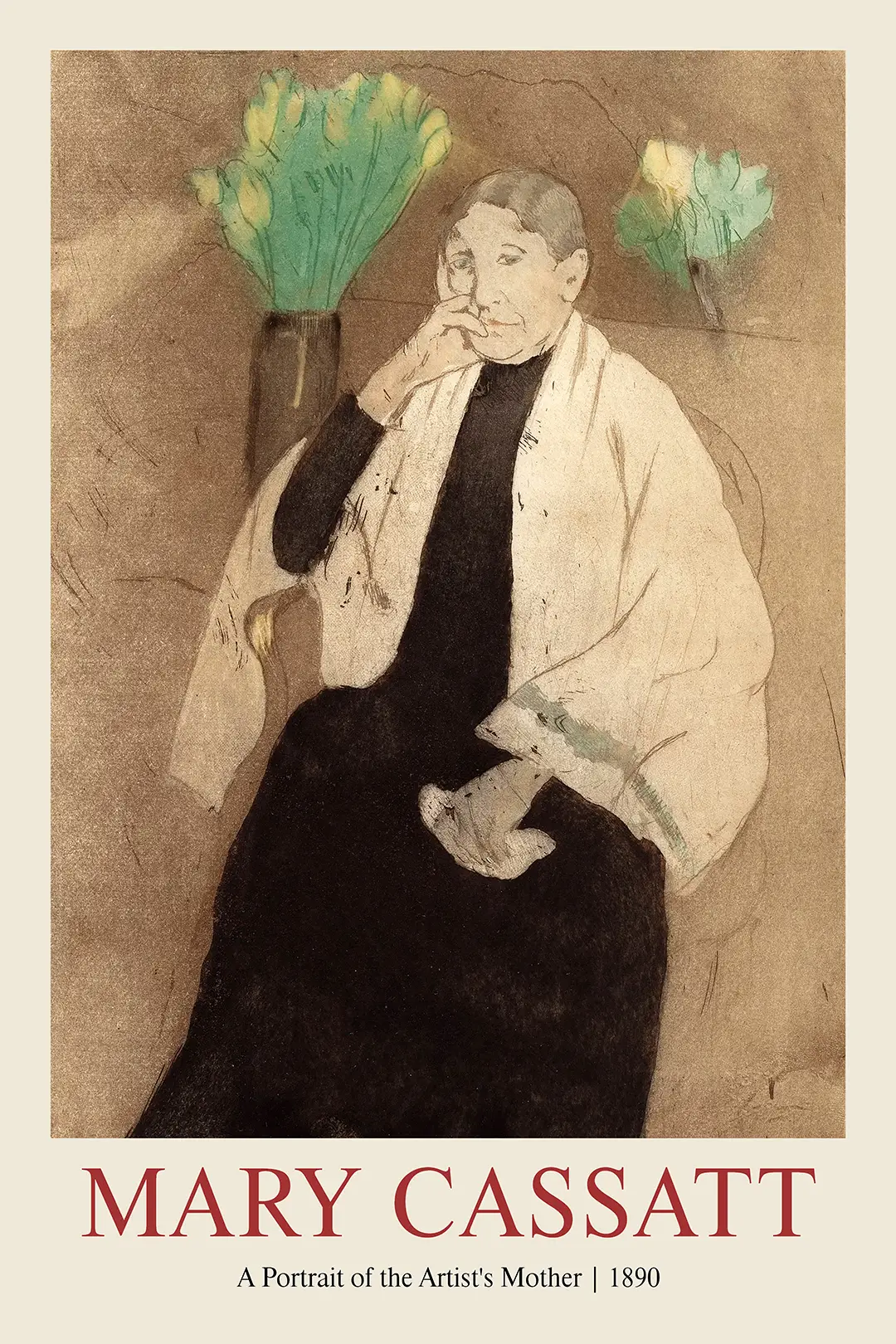 Mary Cassatt portrait of her mother in 1890 wearing a cream shawl with yellow tulips in the background.
