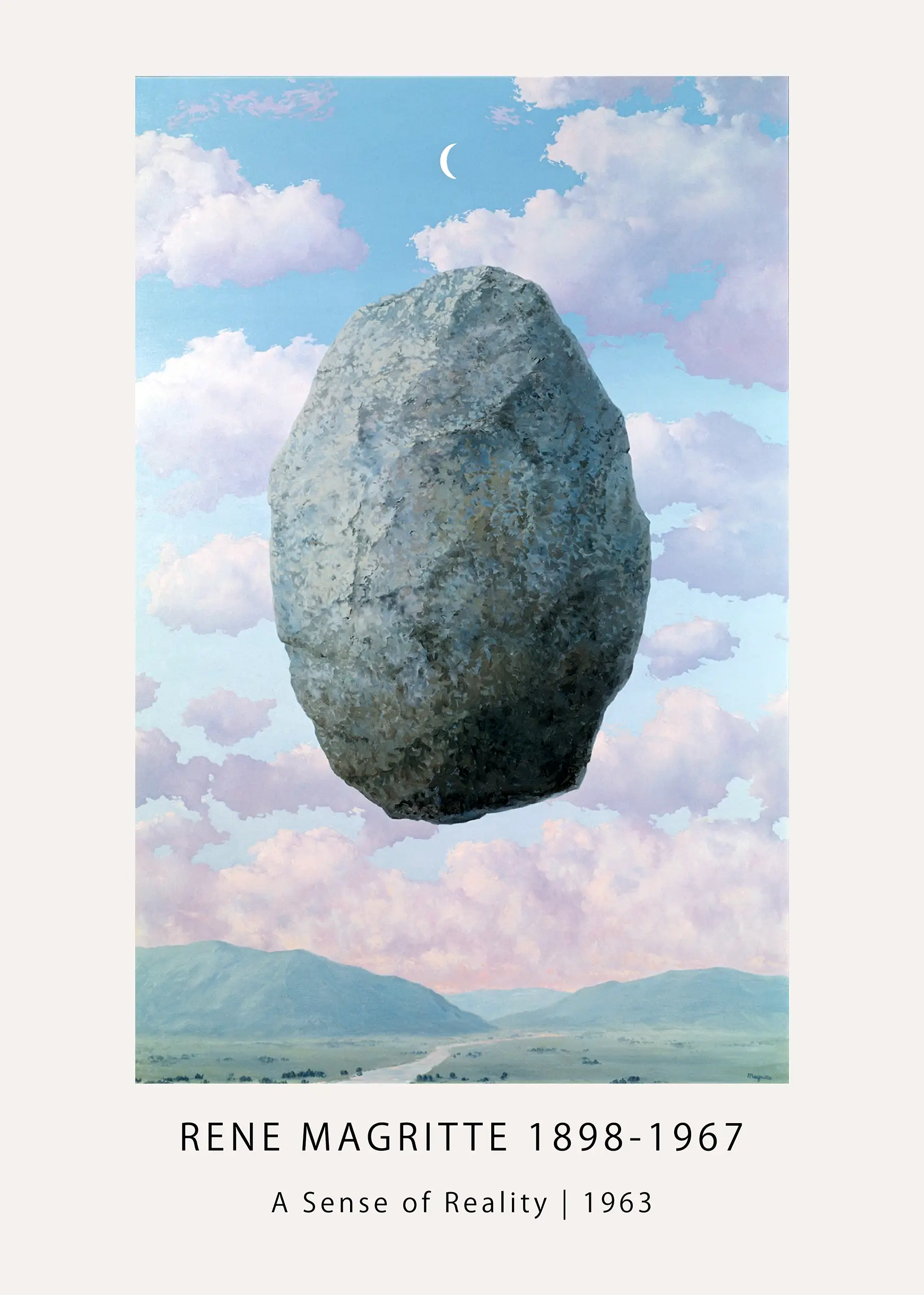 Magritte Sense of Reality poster showing a floating grey stone in a blue sky with a crescent moon above a green valley.