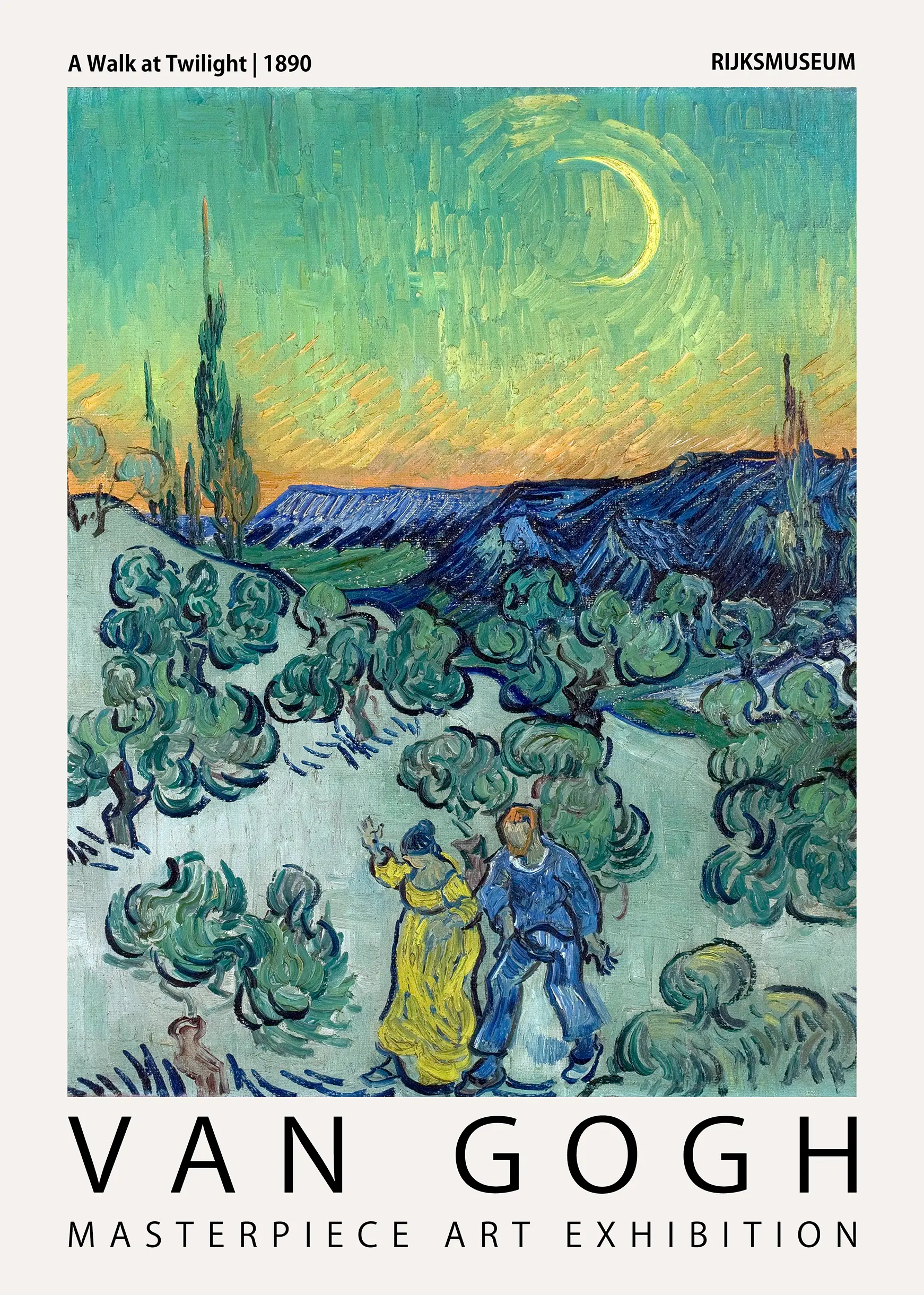 Classic Van Gogh Twilight Print - 1890 Saint-Rémy Museum Wall Art Van Gogh Twilight Print Featuring A Couple Walking In An Olive Grove Under A Yellow Crescent Moon In Saint-Rémy.