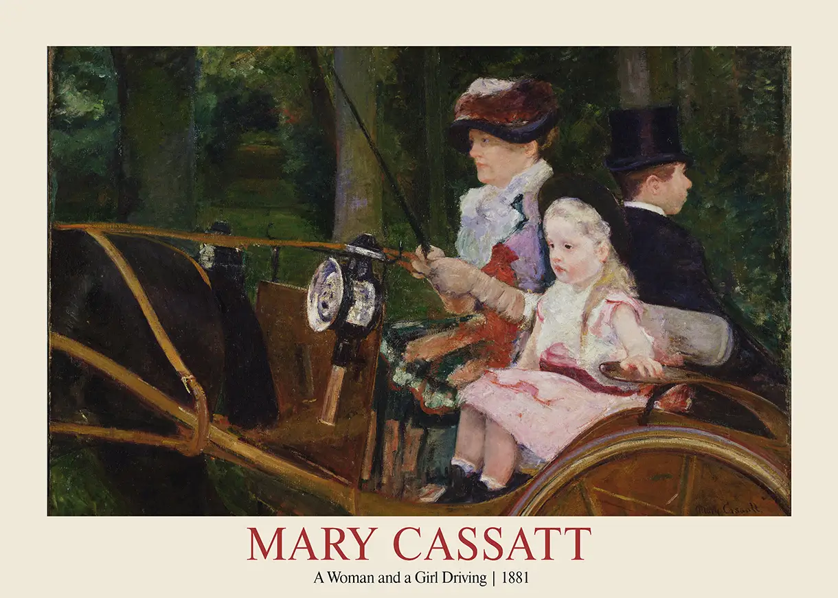 Mary Cassatt Print showing Lydia Cassatt driving a pony cart with a young girl in pink 1881 Impressionist painting.