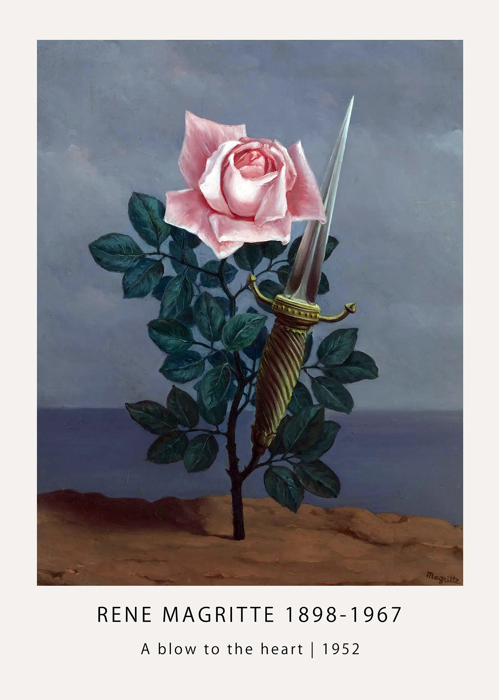 Magritte Heart Poster depicting a pink rose growing alongside a dagger on a beach under a cloudy grey sky.
