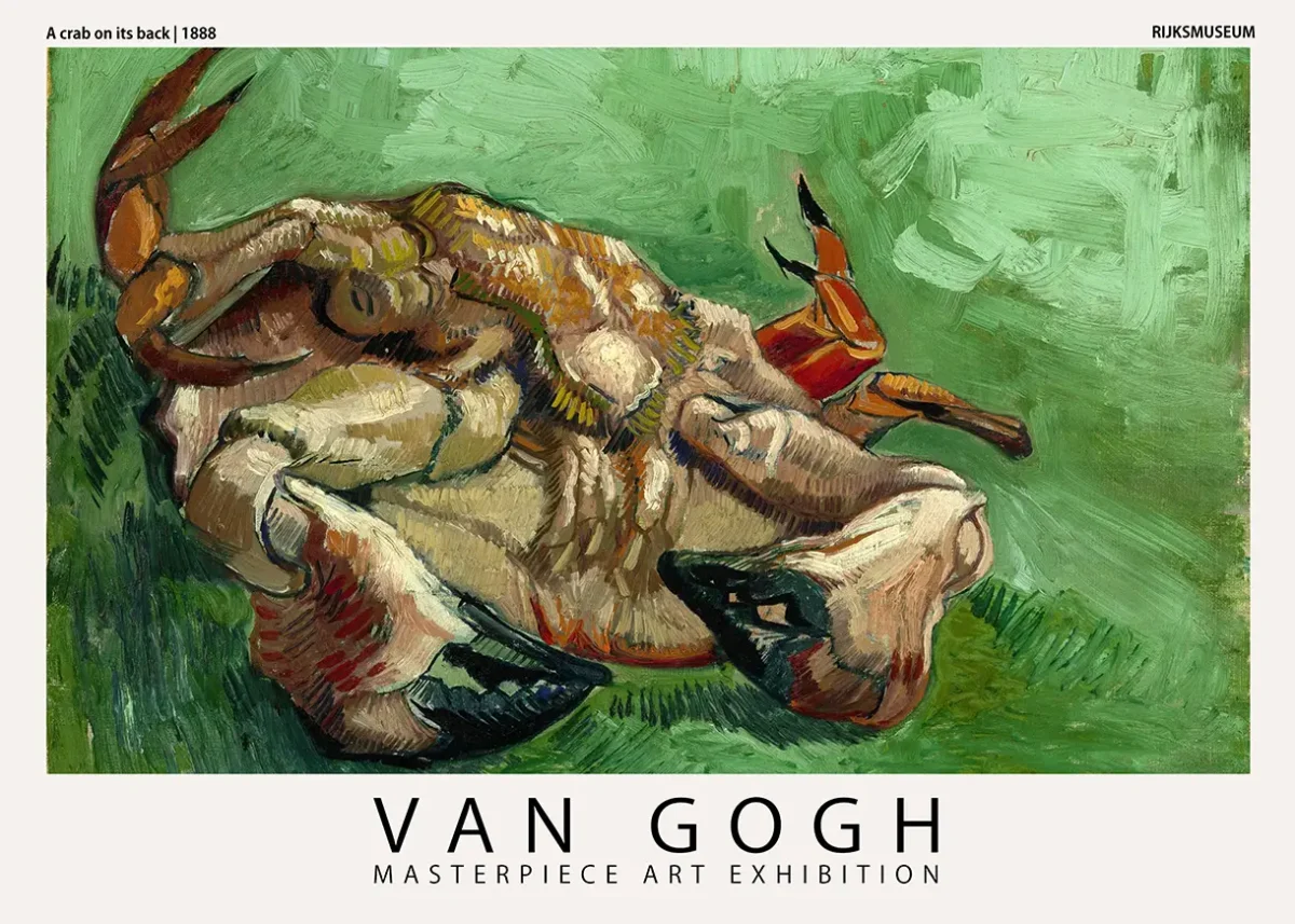 Van Gogh crab poster showing a detailed 1888 oil painting of a crab on its back with green and orange impasto textures.