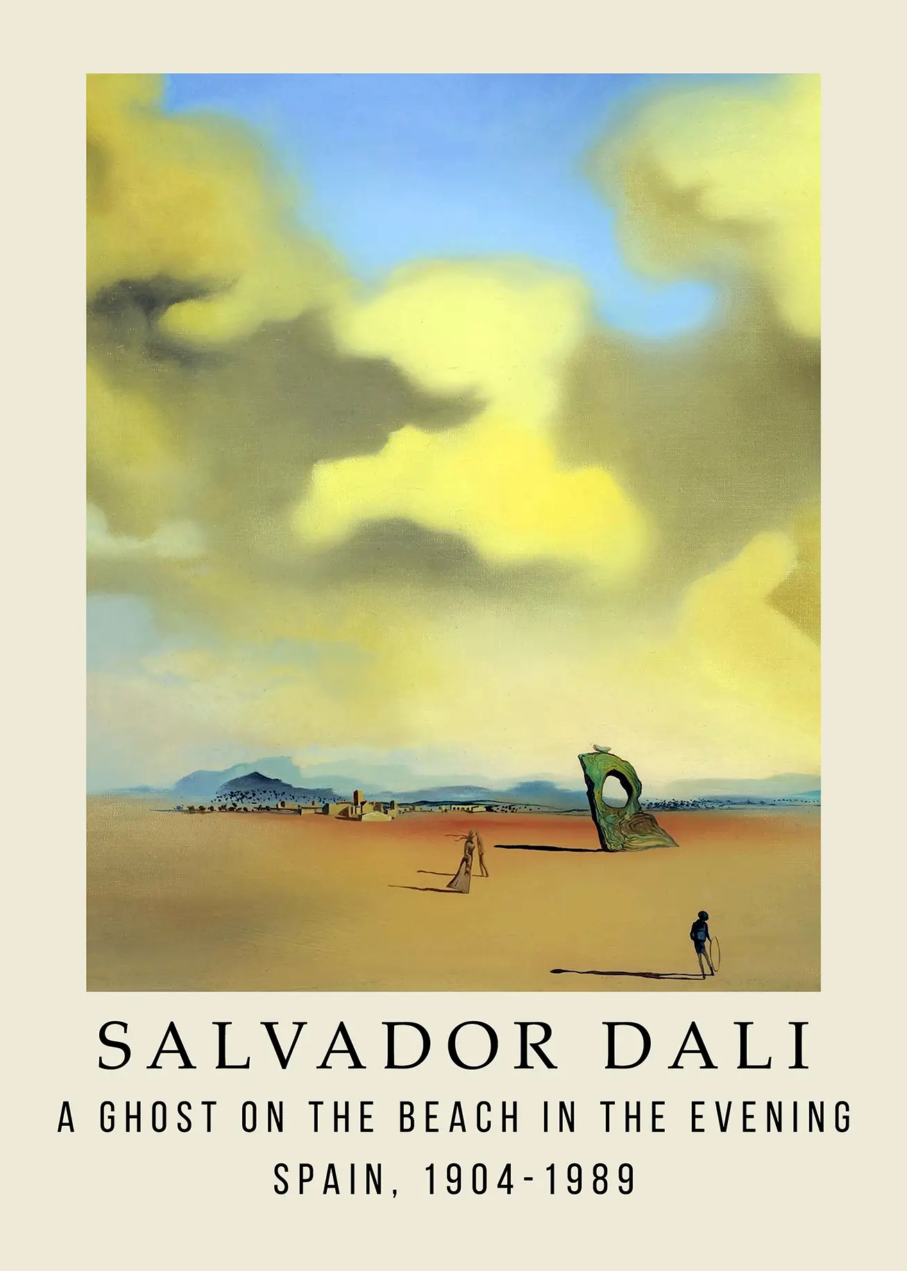 Salvador Dali poster depicting a surrealist beach scene with a boy and a hoop under a yellow sky with heavy clouds.