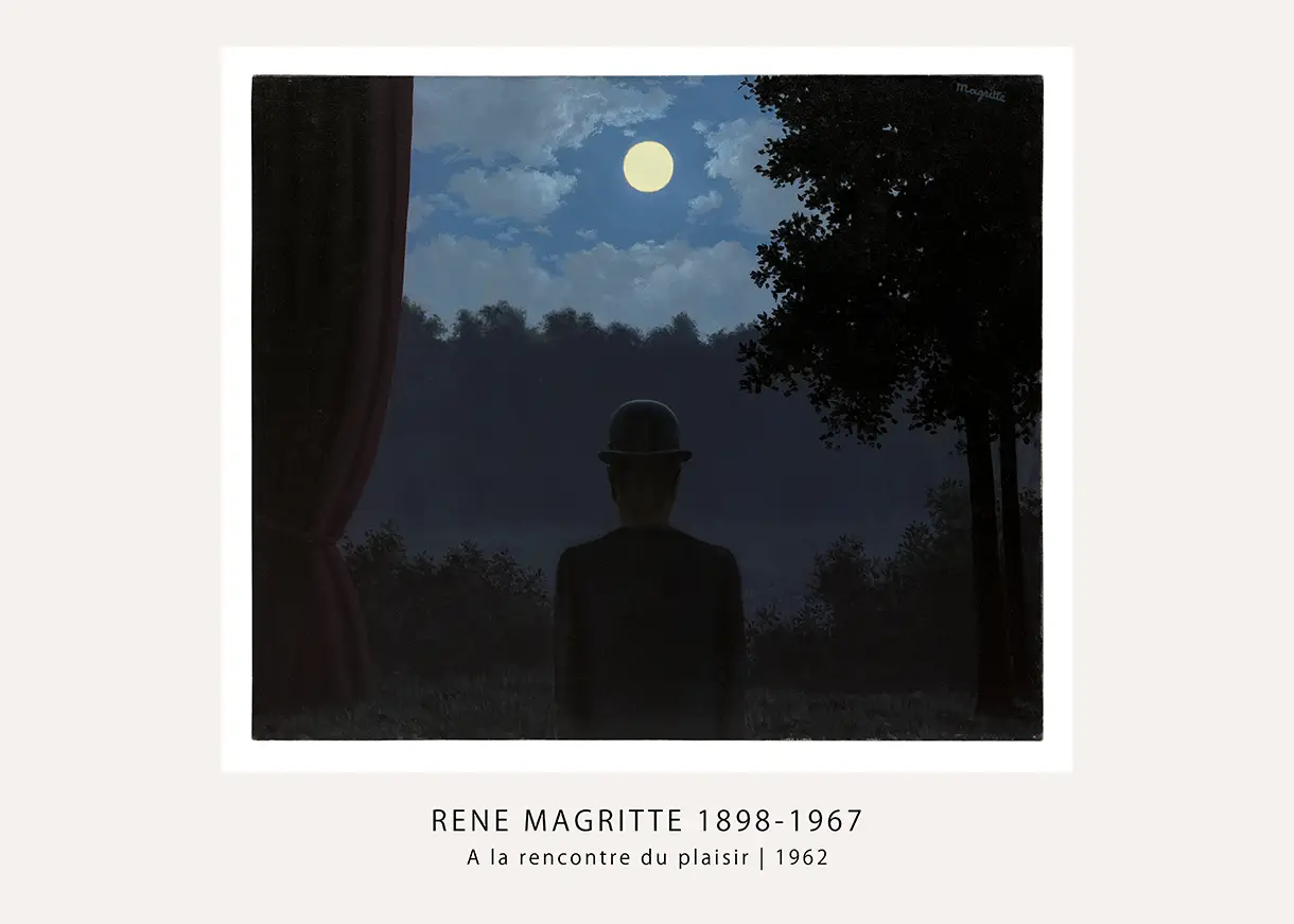 Rene Magritte print showing a man in a bowler hat looking at a full moon over a forest landscape with a red curtain.