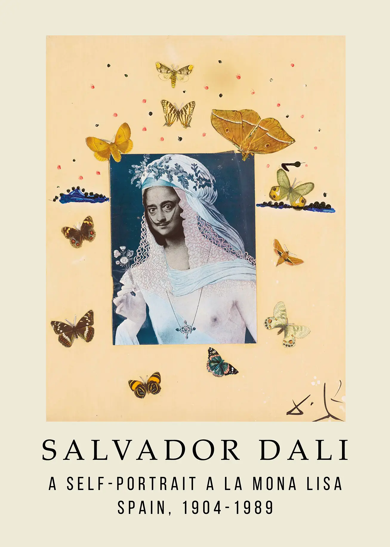 Salvador Dali poster featuring his face on a Mona Lisa style figure with lace, butterflies, and cream background.