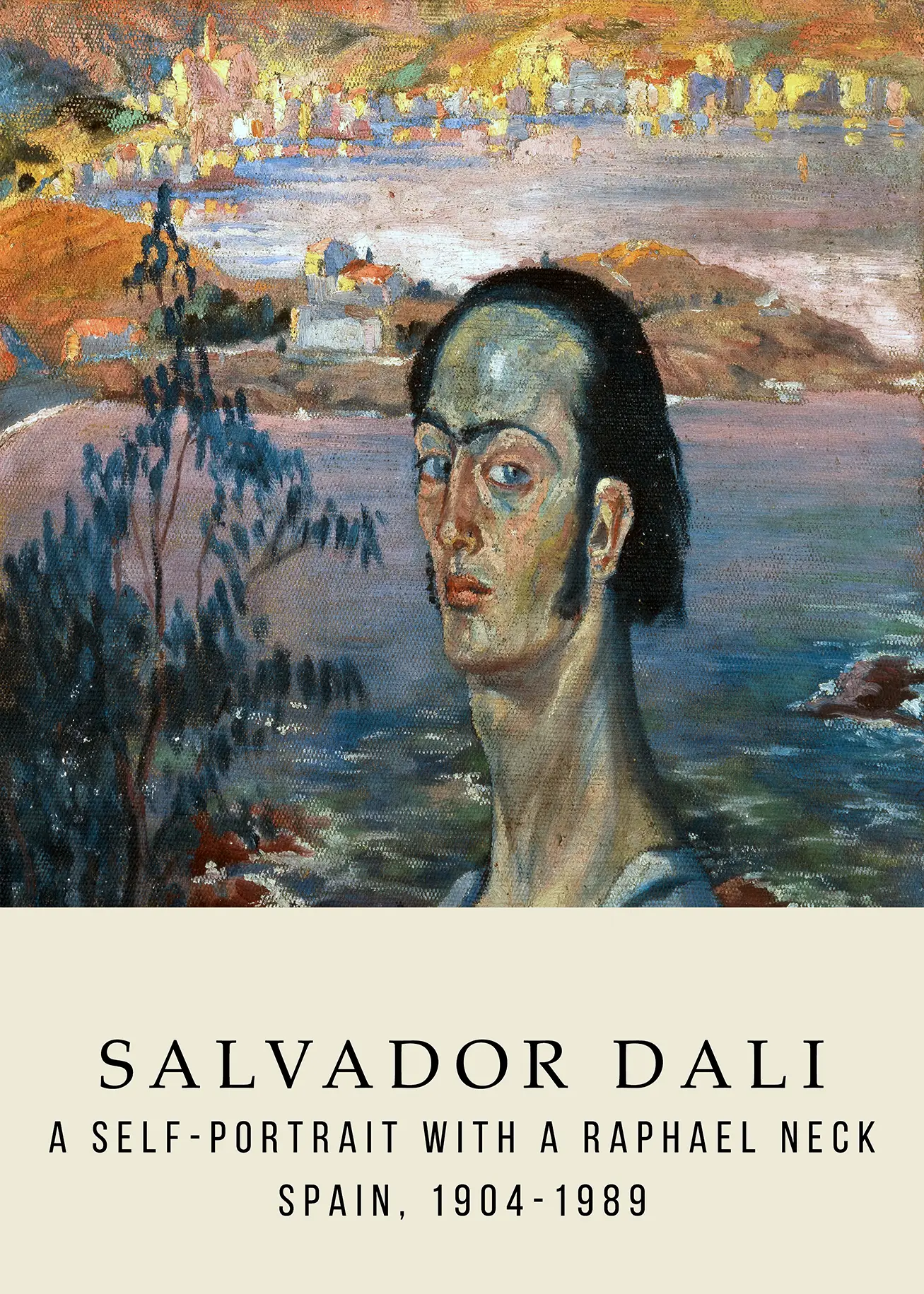 Salvador Dali portrait with elongated neck, blue skin tones, and a coastal background in this 1921 self-portrait.