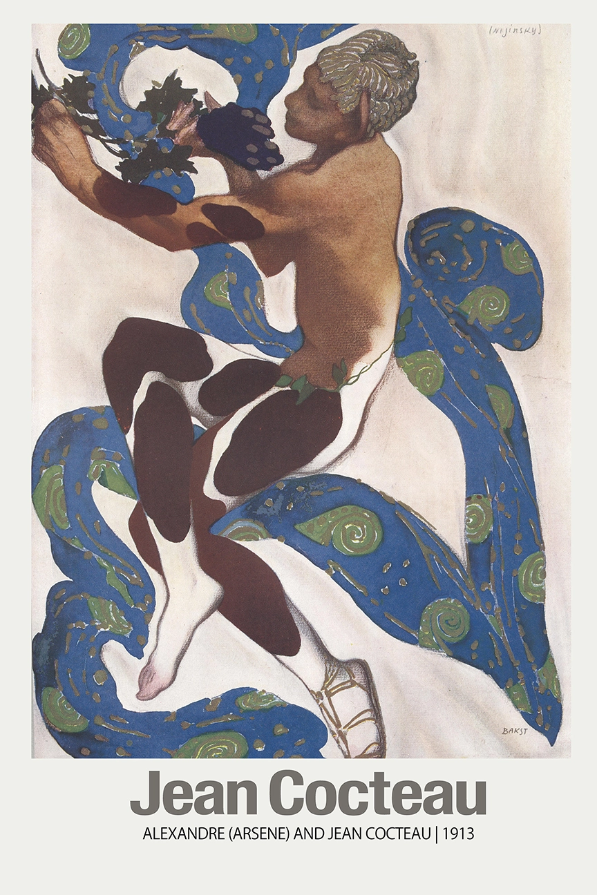 Jean Cocteau poster showing Nijinsky as the Faun in 1913 with blue patterned fabric and brown spots on museum matte paper.