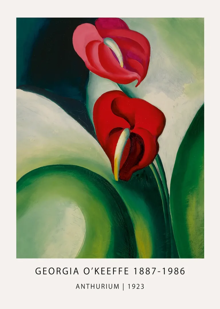 Georgia O'Keeffe Anthurium 1923 painting showing two red flowers with white and green curved backgrounds.