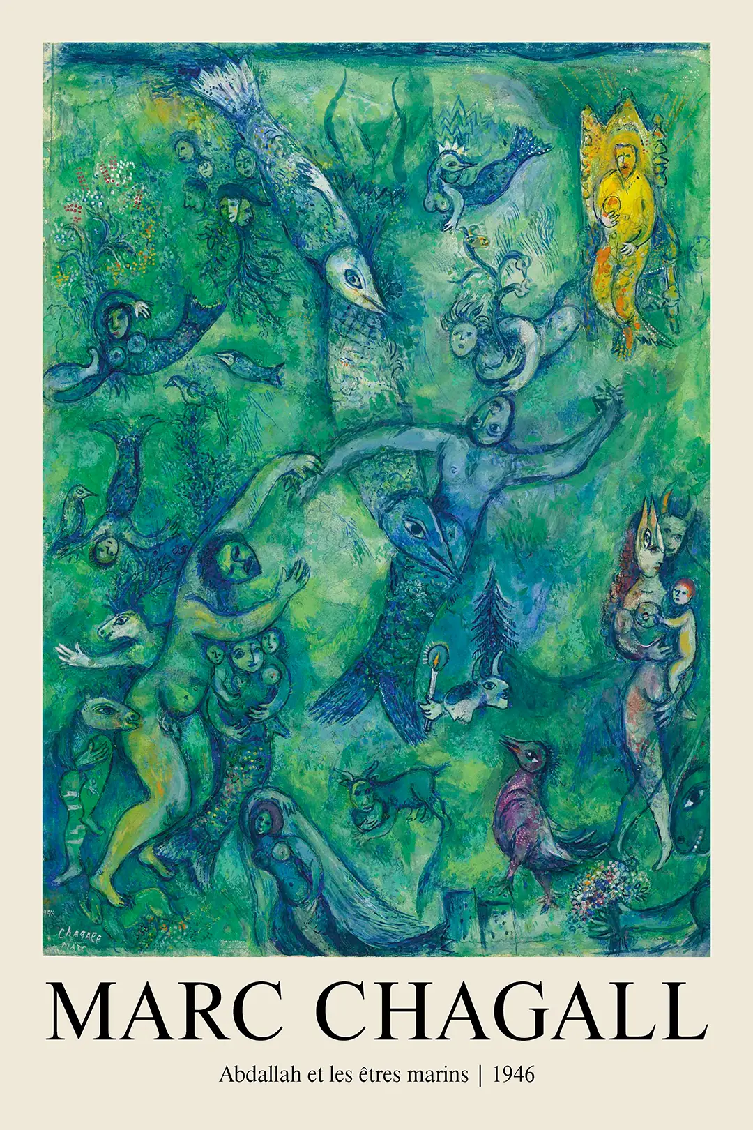 Marc Chagall Art Print - Abdallah Et Les Êtres Marins 1946 Gallery Poster Marc Chagall Art Print Of Abdallah Et Les Êtres Marins 1946 Featuring Surreal Underwater Creatures In Green And Blue.