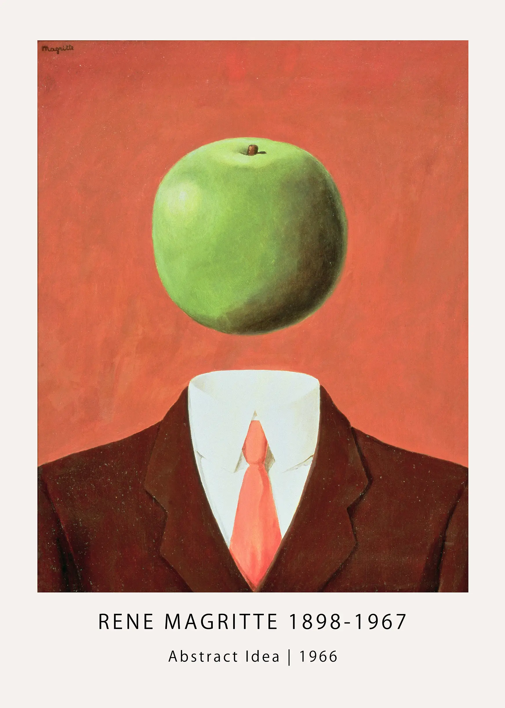 Rene Magritte Poster featuring a floating green apple obscuring a man's face in a suit against a red background.