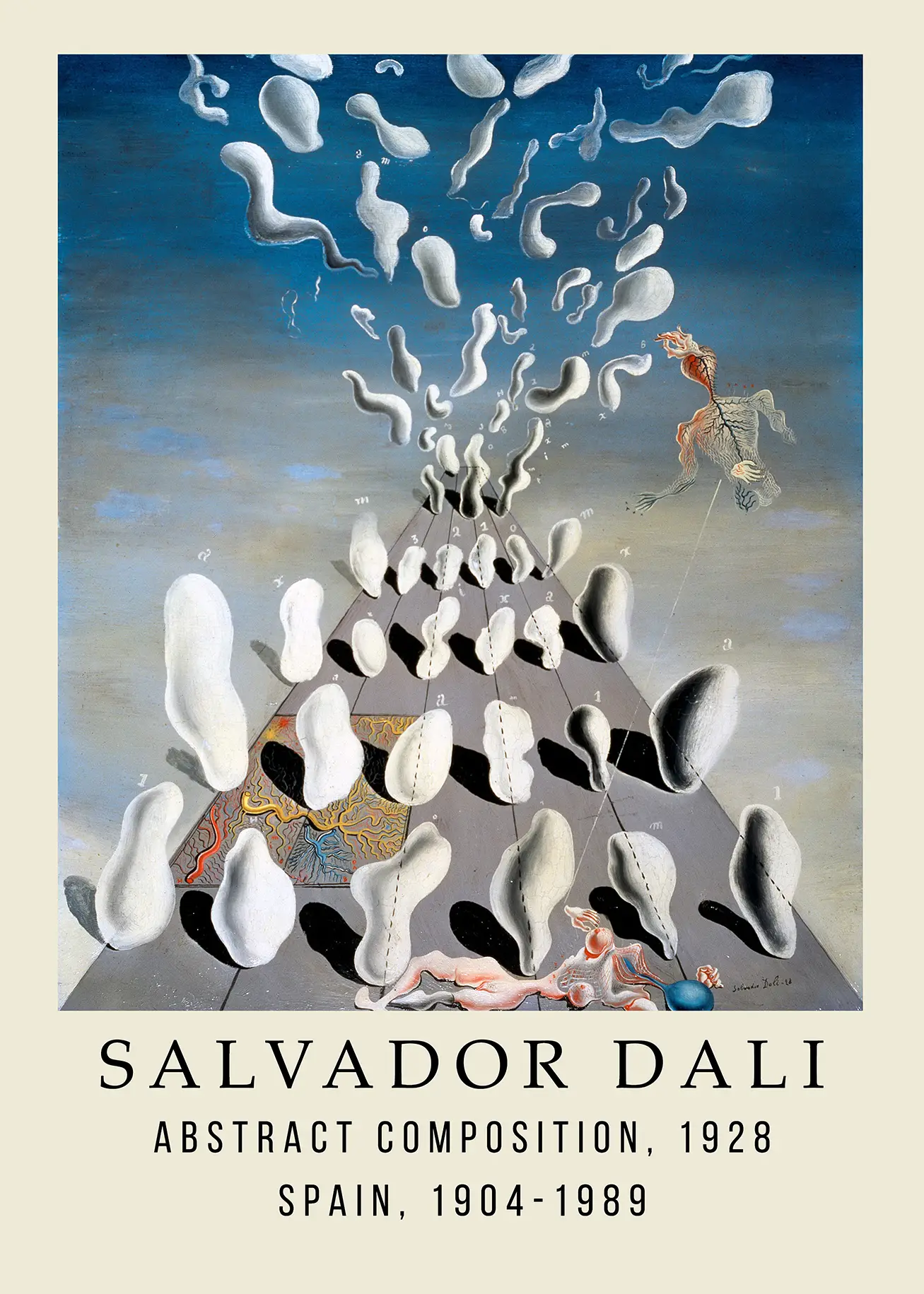 Salvador Dali 1928 print featuring white biomorphic shapes and a perspective grid on a blue background in a museum style.