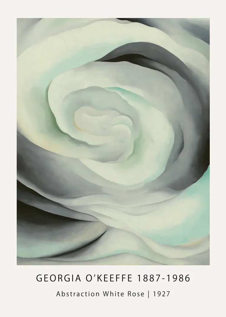 Georgia O'Keeffe Print featuring the 1927 Abstraction White Rose in swirling white and grey modernist macro style.