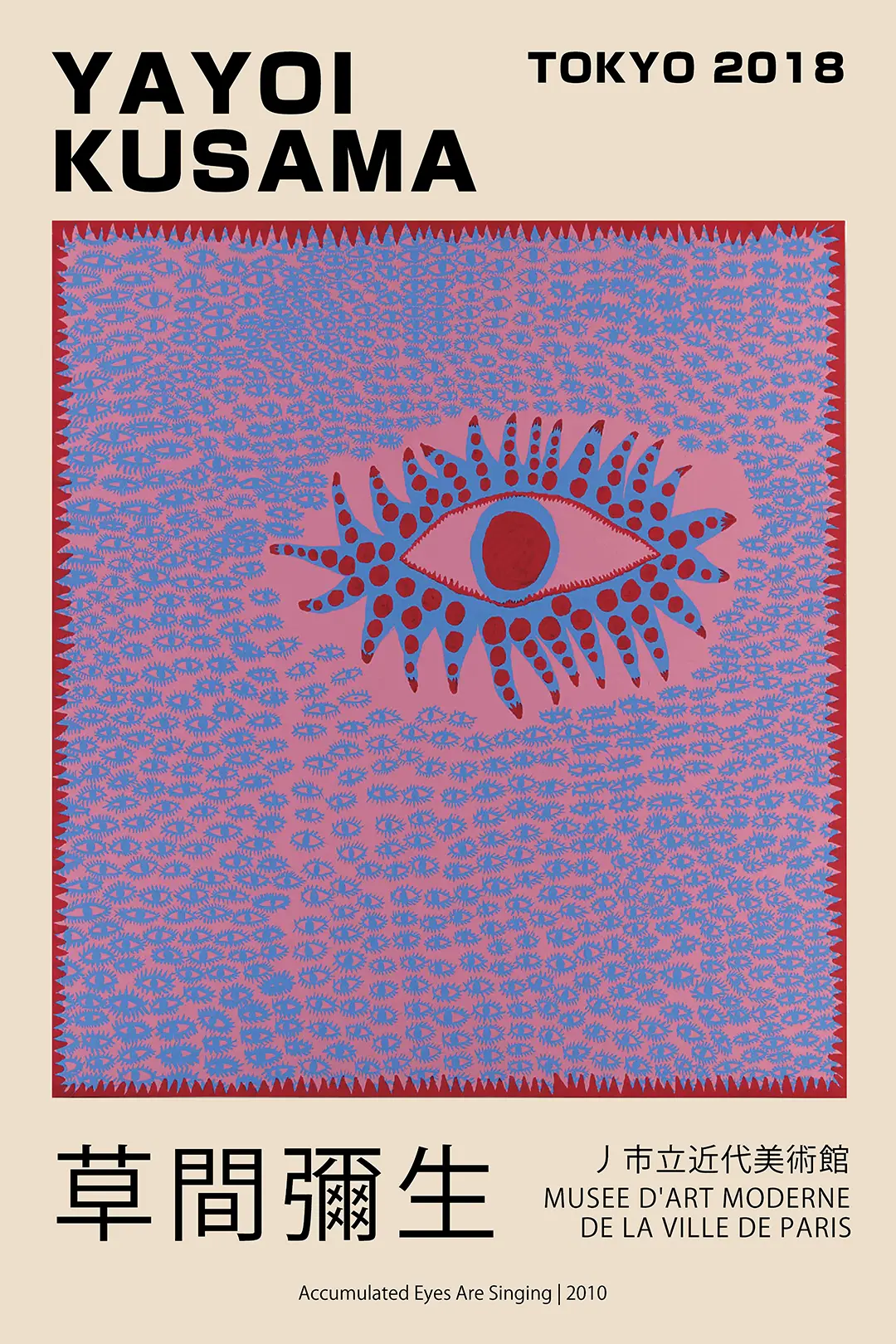 Yayoi Kusama poster showing a central red and blue eye surrounded by smaller blue eyes on a pink background.