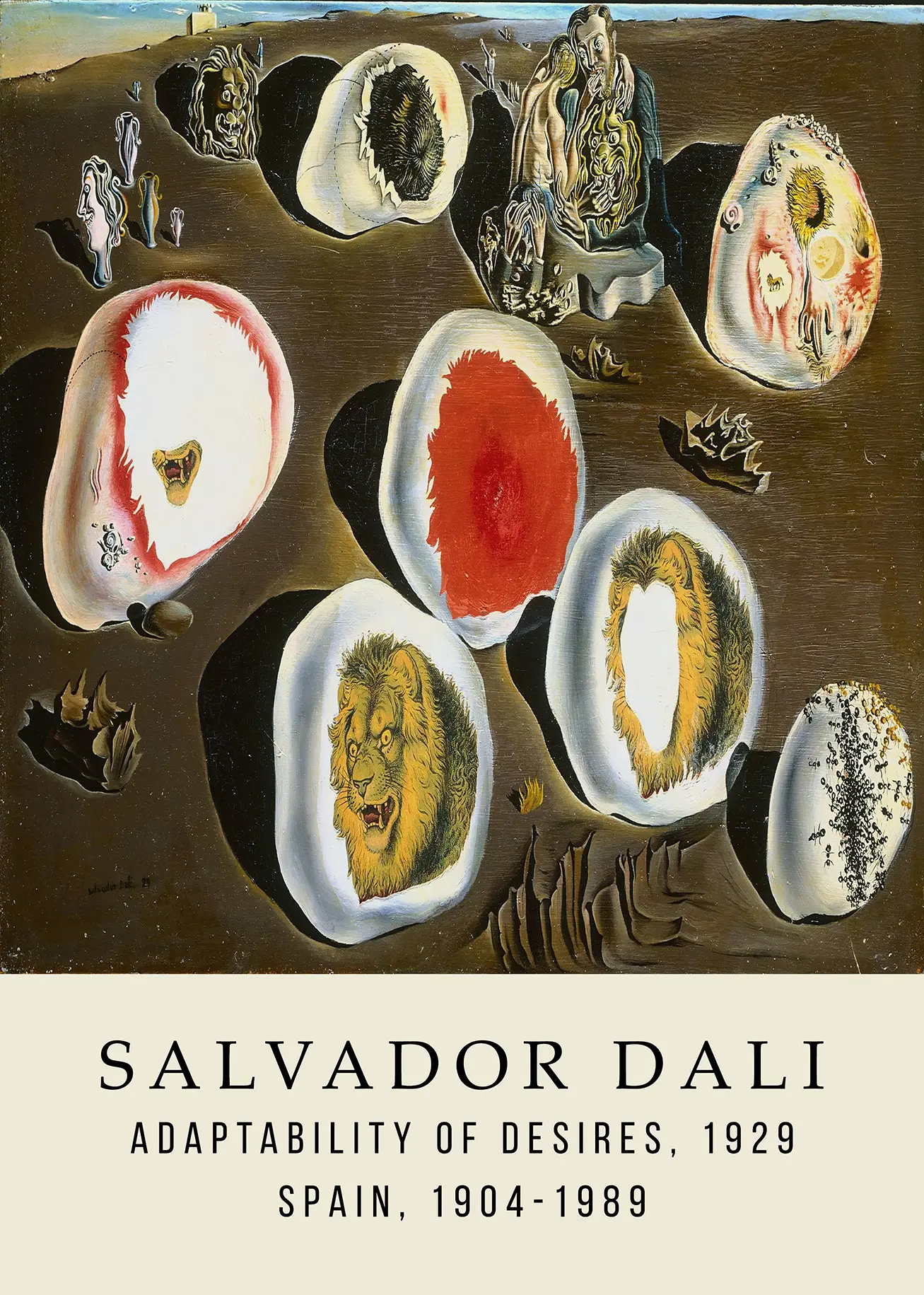 Salvador Dali print Adaptability of Desires featuring lion heads inside white stones and ants on an arid desert floor.
